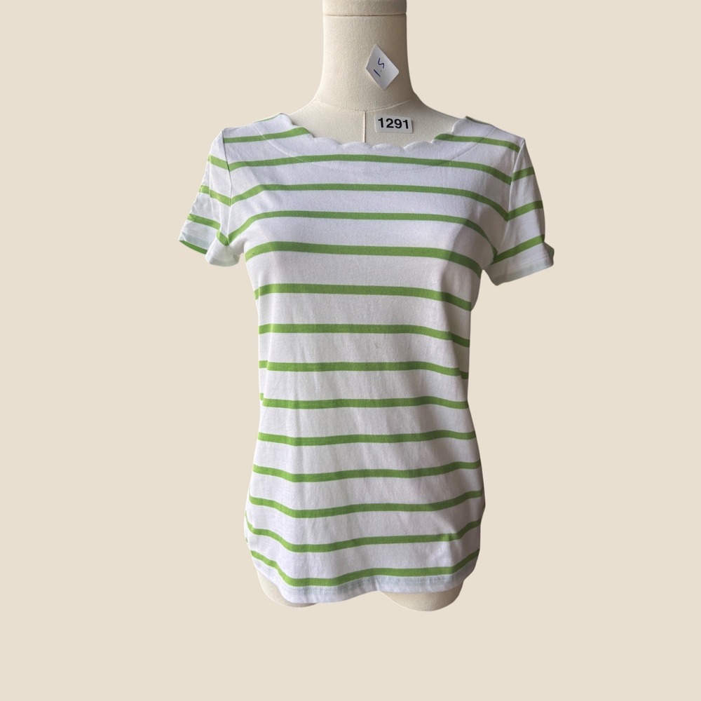 Talbots Petites Tee Womens PM White Green Striped Pima Cotton Short Sleeve Top‎